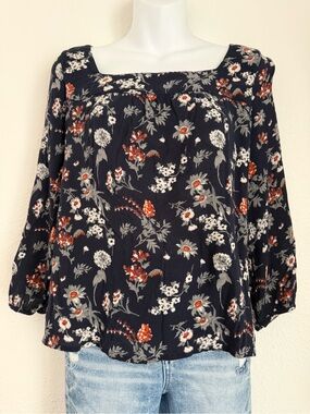 Lucky Brand Navy Floral Square-Neck Blouse with Rust and White Accents